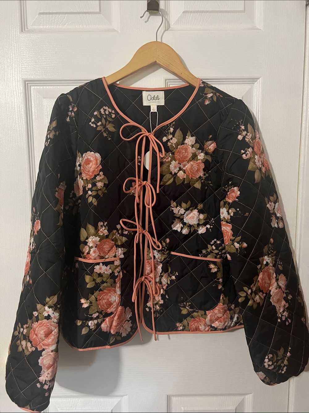 Oddi Quilted Floral Tie-Front Jacket in Black with Pink Roses
